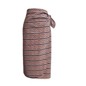 Vintage 70s Wrap Skirt Textured Geometric L?‎ Navy Red Ivory Knee Length Pencil